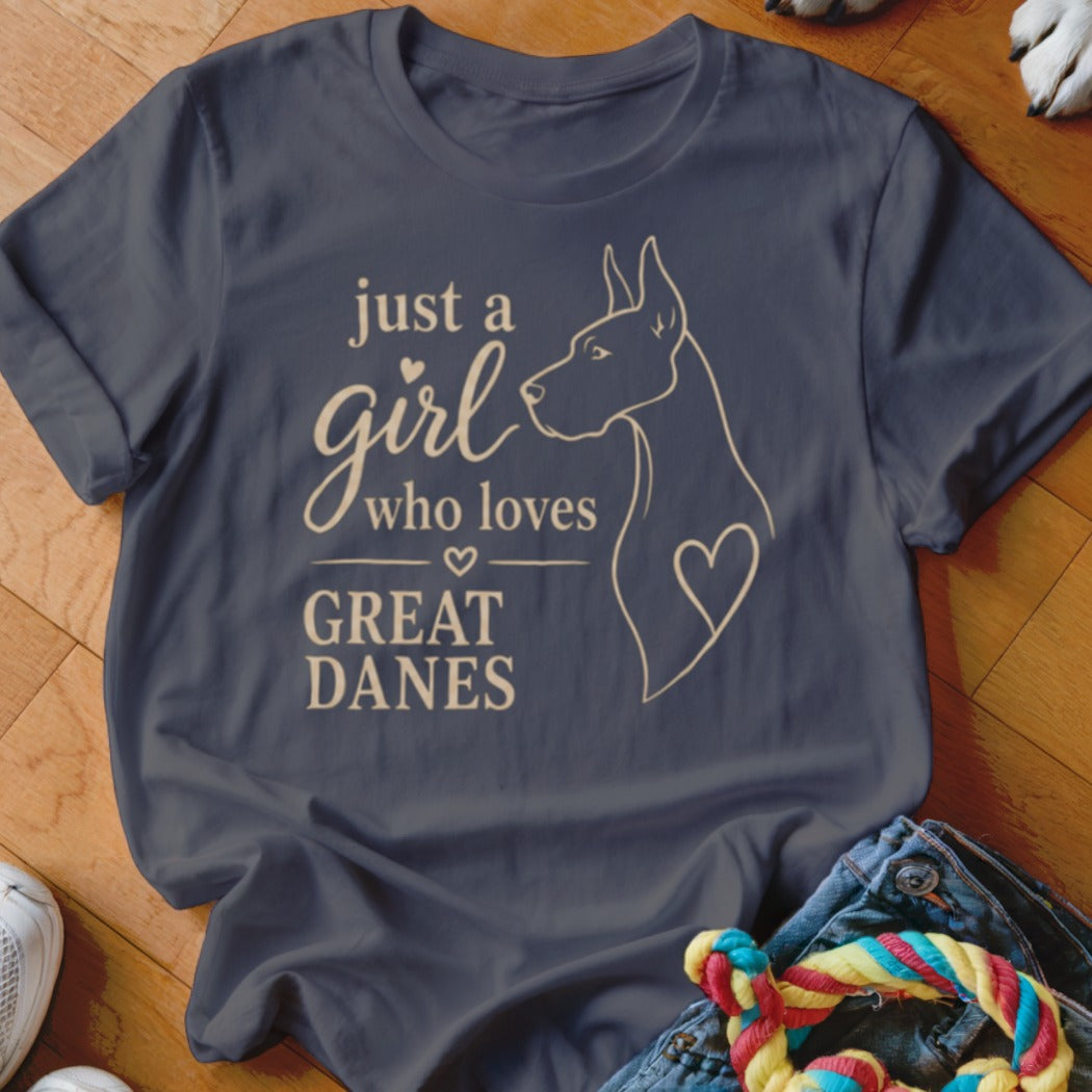 Dark blue t-shirt with "just a girl who loves GREAT DANES" text and dog outline.