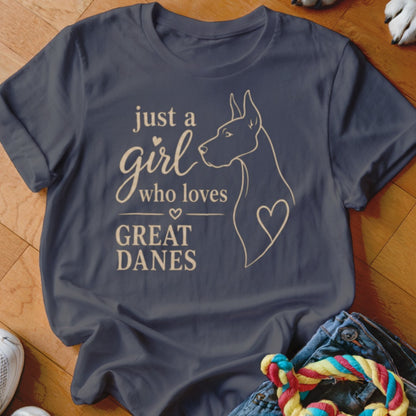 Dark blue t-shirt with "just a girl who loves GREAT DANES" text and dog outline.