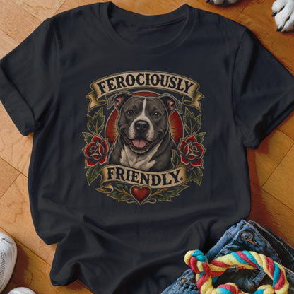 Pitbull dog graphic with text "FEROCIOUSLY FRIENDLY" on a dark t-shirt.
