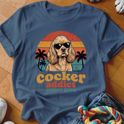 Navy blue t-shirt featuring a Cocker Spaniel wearing sunglasses against a sunset graphic with palm trees and text reading cocker addict support group.