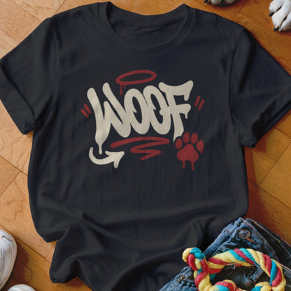 Dark t-shirt with "WOOF" in graffiti-style lettering and a red paw print.