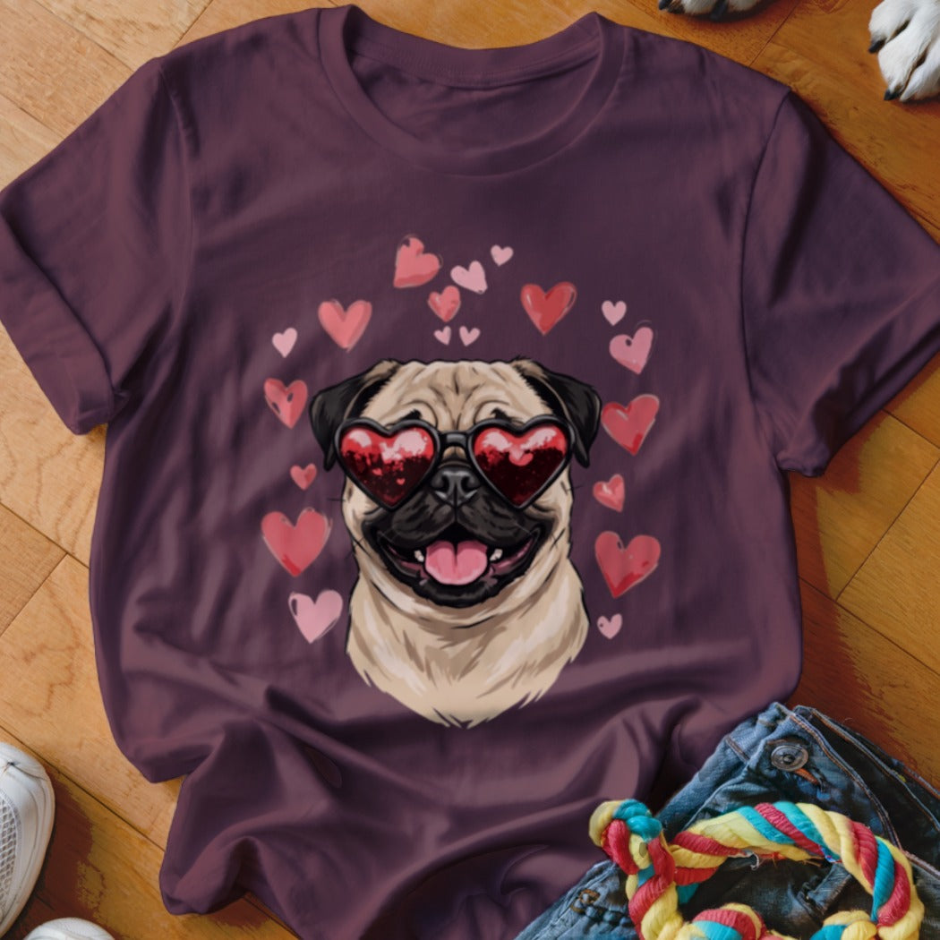 Plum-colored t-shirt featuring a graphic of a pug wearing heart-shaped sunglasses surrounded by pink hearts.