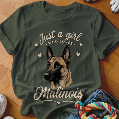 An olive green t-shirt featuring a Belgian Malinois portrait graphic with text reading Just a girl who loves Malinois.