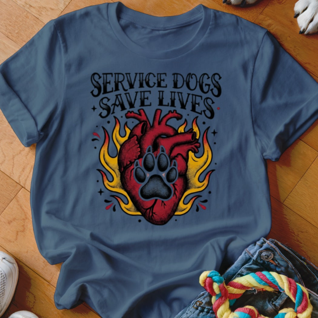 Blue t-shirt with "SERVICE DOGS SAVE LIVES" and heart with paw print.