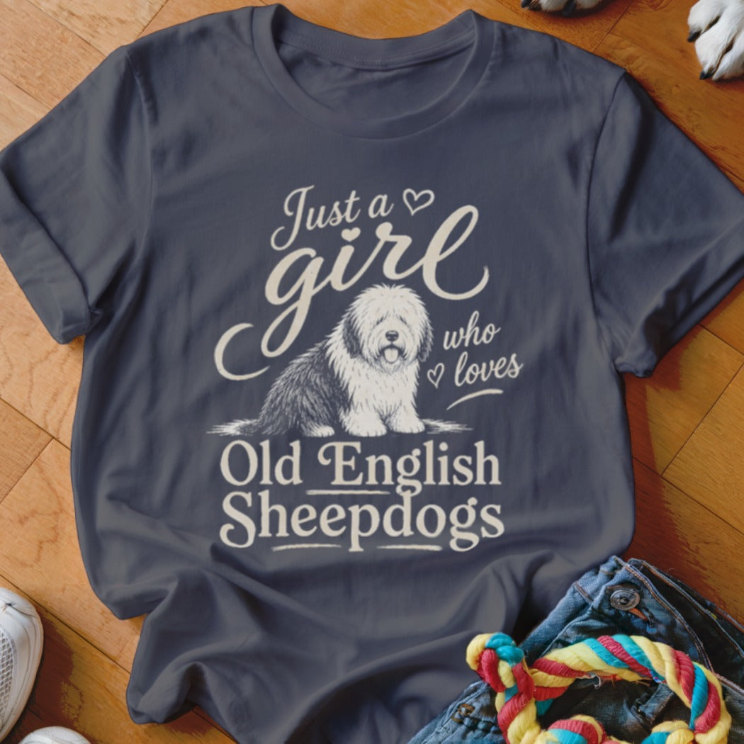 Dark blue t-shirt with "Just a girl who loves Old English Sheepdogs" text and graphic.