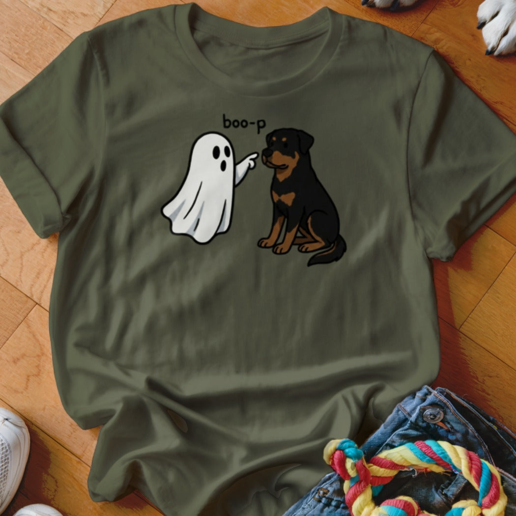 Green t-shirt with a cartoon ghost poking a Rottweiler with text "boo-p".