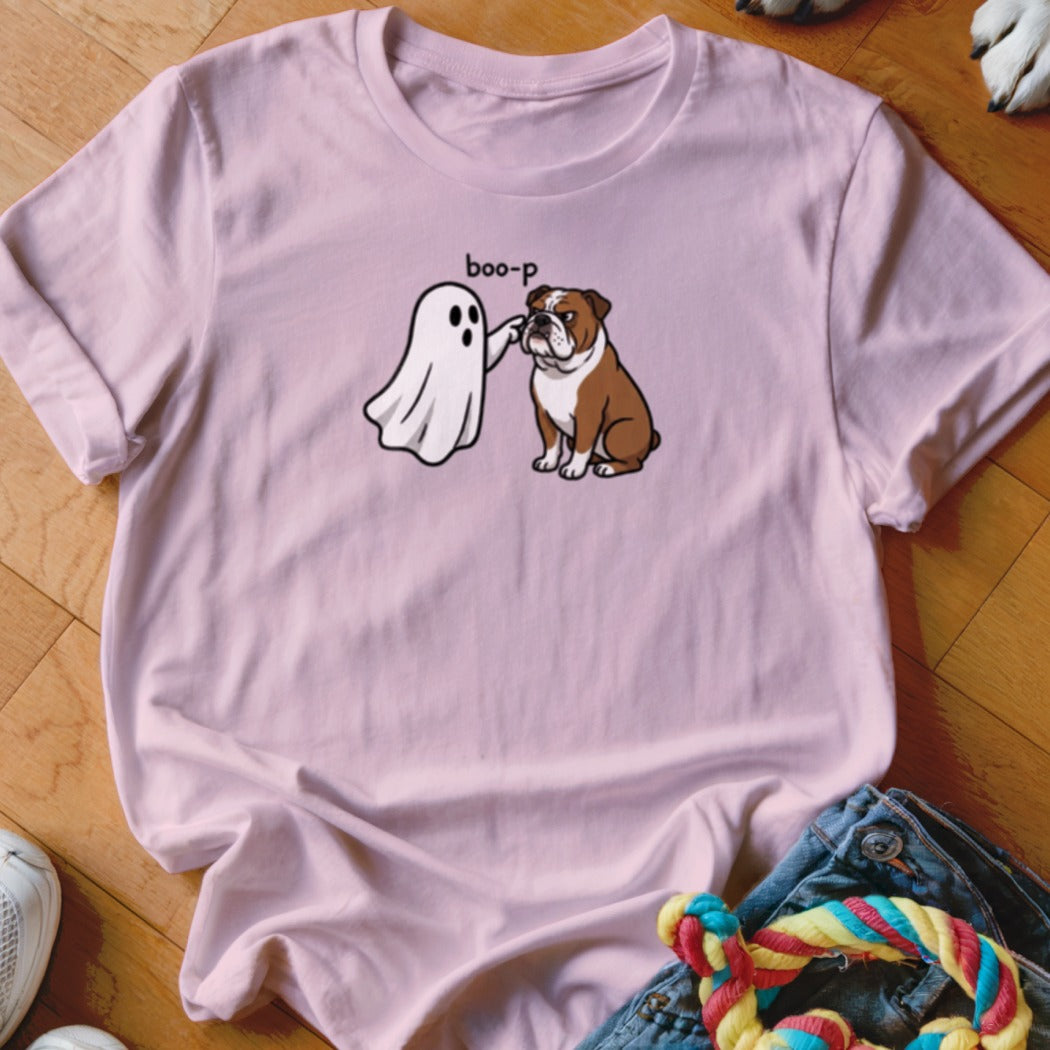 Pink t-shirt with ghost character boo-p-ing a bulldog.