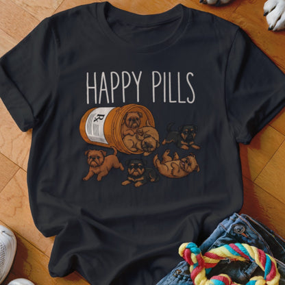 T-shirt with "HAPPY PILLS" text above a bottle of puppies.