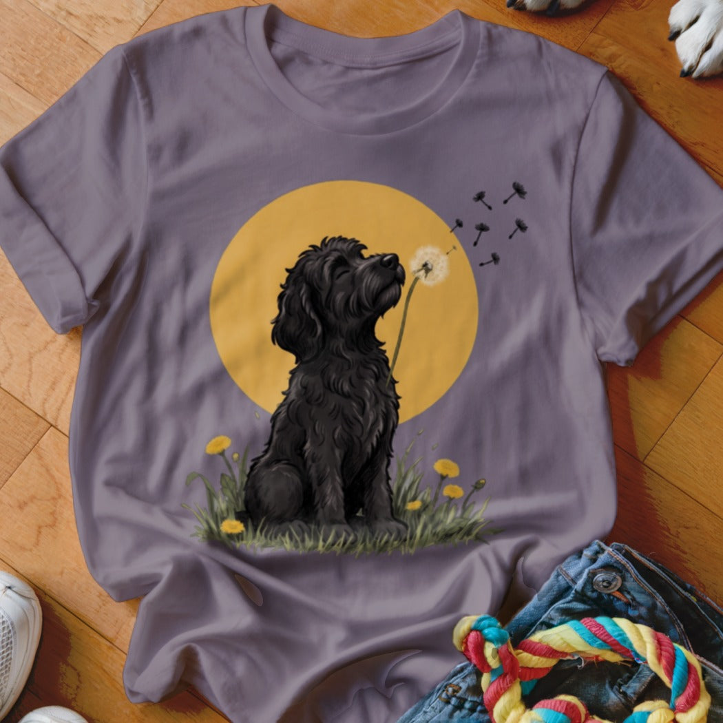 A grey short-sleeved t-shirt featuring a graphic of a black dog blowing a dandelion against a yellow circle background.