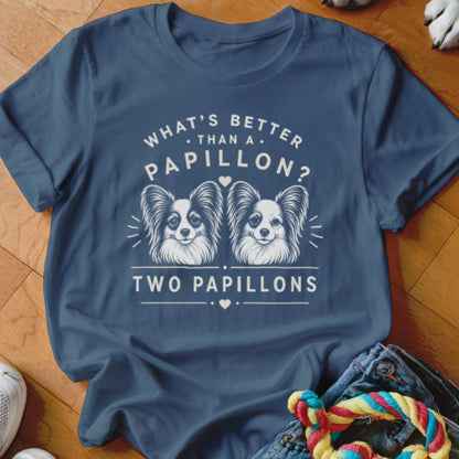 T-shirt with "What's Better Than a Papillon? Two Papillons" and two dog illustrations.