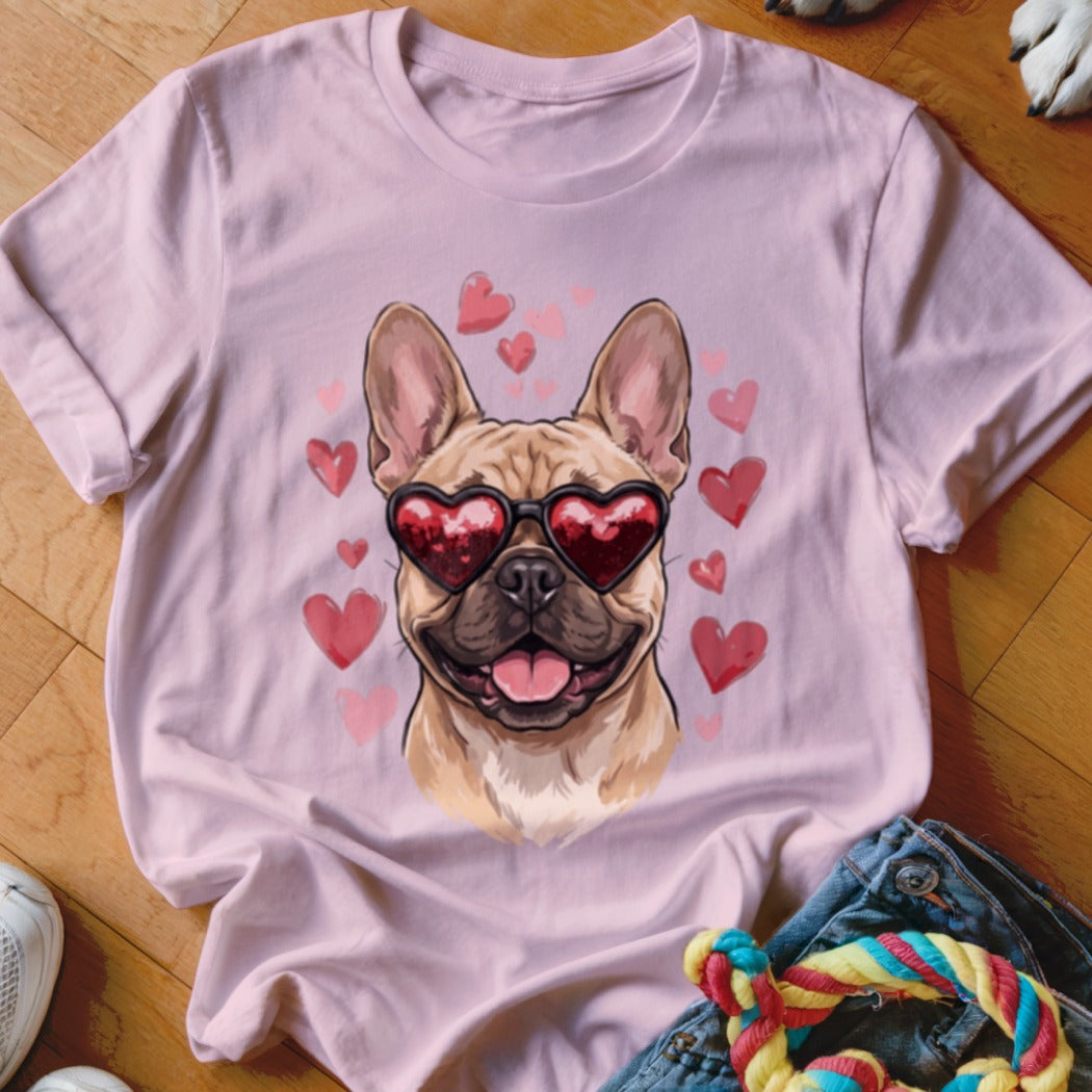 A light pink t-shirt displays an illustration of a French bulldog wearing heart-shaped sunglasses, surrounded by pink hearts.