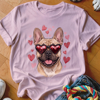 A light pink t-shirt displays an illustration of a French bulldog wearing heart-shaped sunglasses, surrounded by pink hearts.