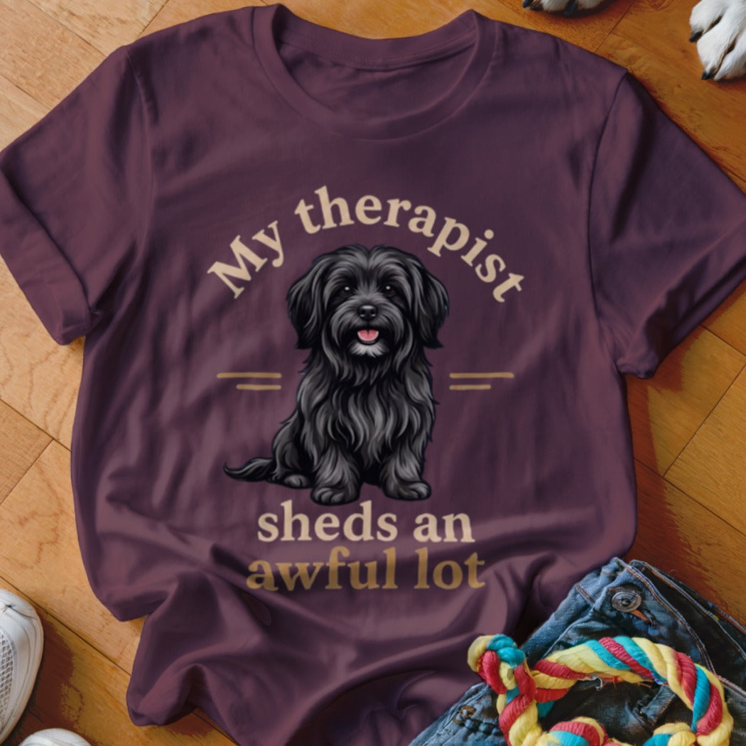 T-shirt with black dog graphic and text "My therapist sheds an awful lot."