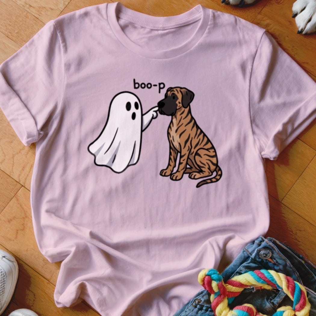 Pink t-shirt with graphic of ghost booping a tiger-striped dog, text reads "boo-p".