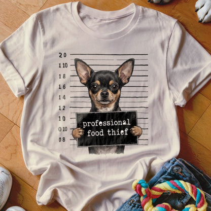 Chihuahua mugshot with "professional food thief" sign on a t-shirt.