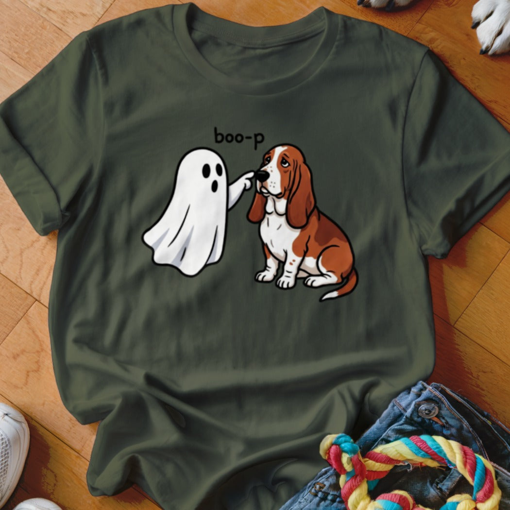 Ghost booping a Basset Hound dog with "boo-p" text above.