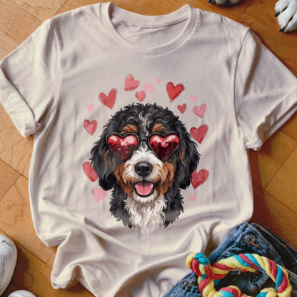 A light-colored t-shirt with a graphic of a Bernedoodle wearing heart sunglasses surrounded by pink hearts.