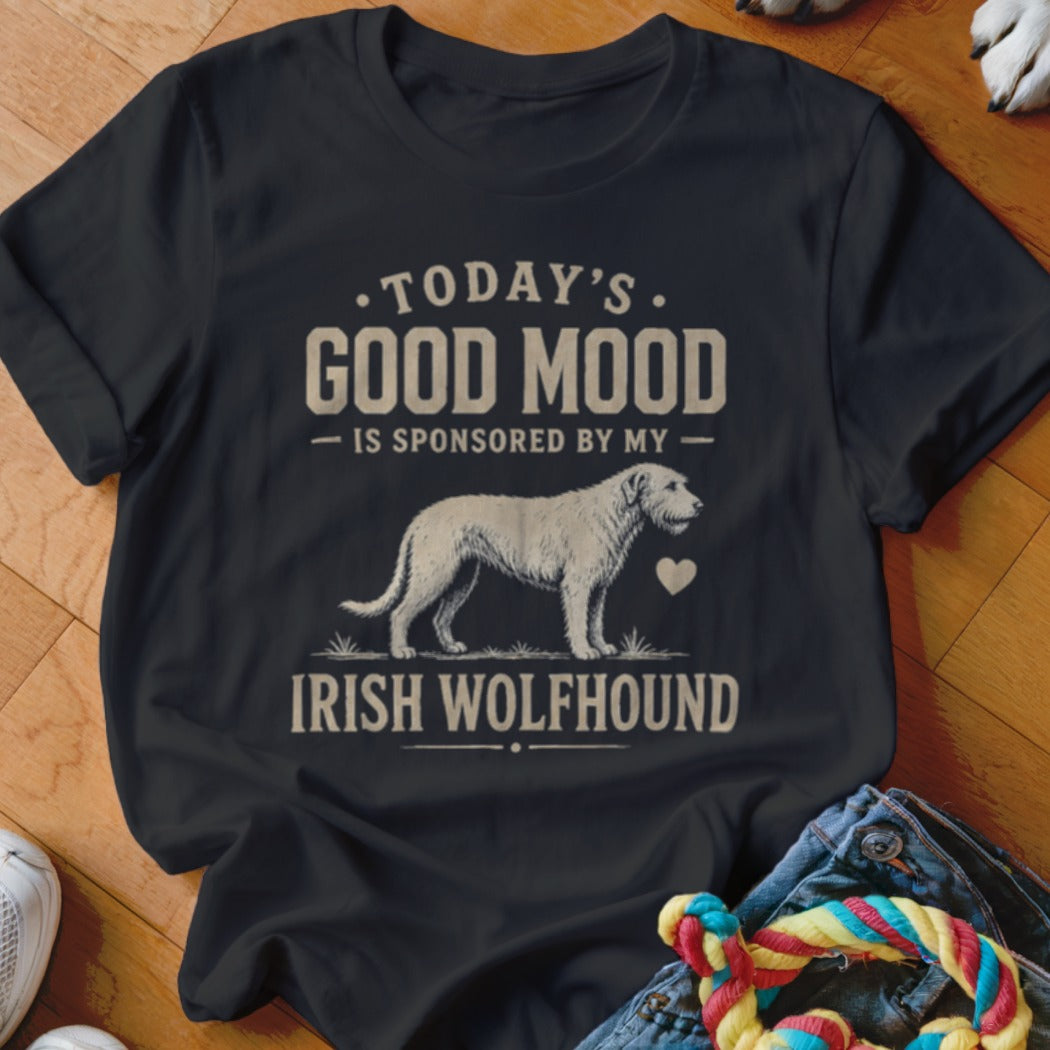 Dark t-shirt with "Today's Good Mood is Sponsored by My Irish Wolfhound" text and dog graphic.