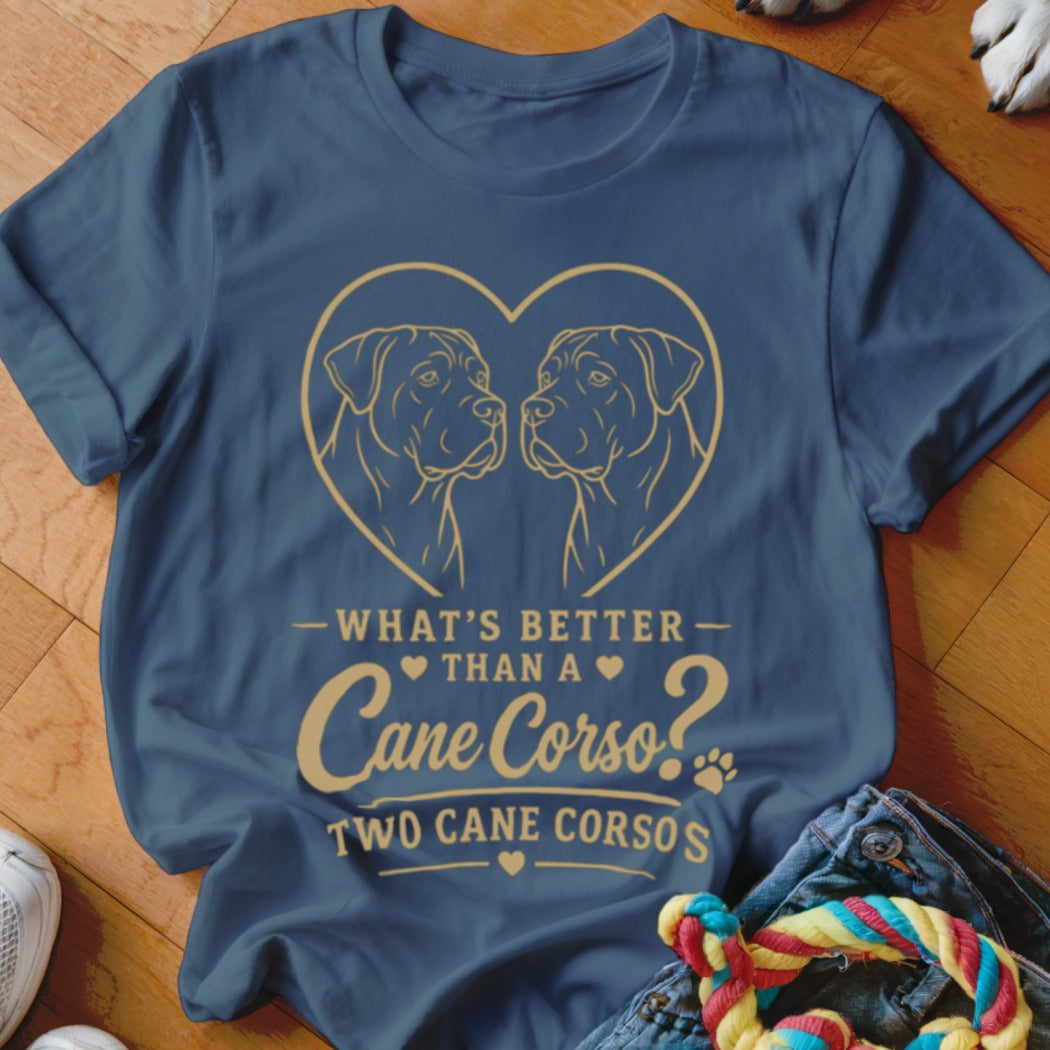 Navy t-shirt with two Cane Corsos in a heart and text about two Cane Corsos.