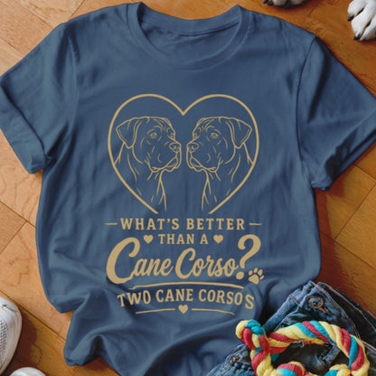 Navy t-shirt with two Cane Corsos in a heart and text about two Cane Corsos.