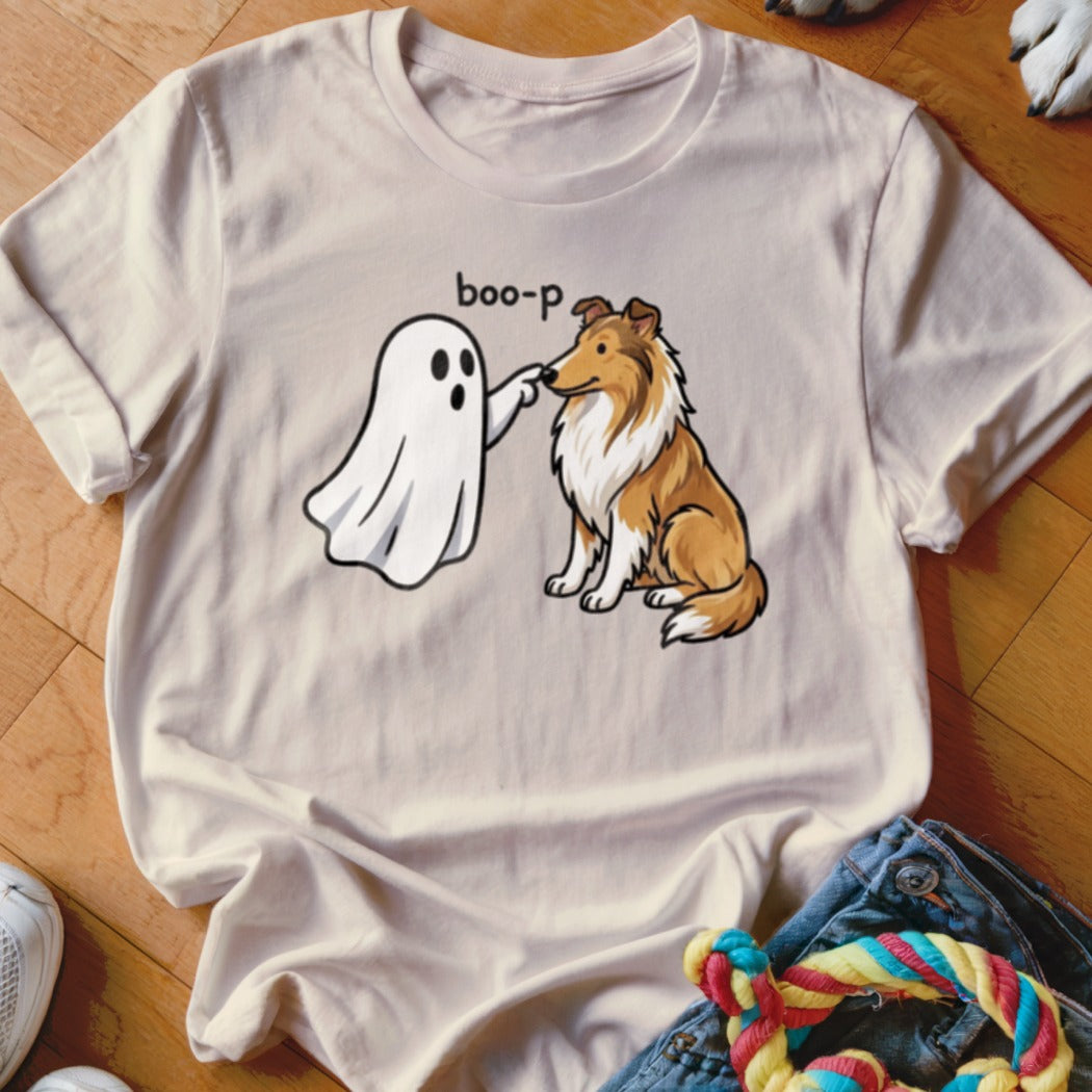Light t-shirt with cartoon ghost booping a Collie dog, text reads "boo-p".