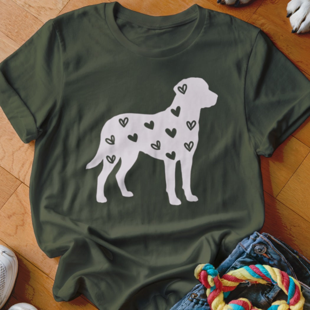 Olive green t-shirt with white dog silhouette covered in small black hearts.