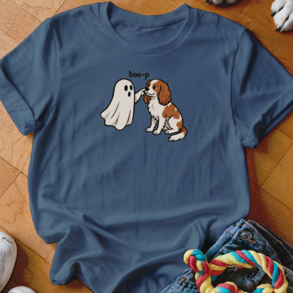 Illustration of a ghost booping a Cavalier King Charles Spaniel, with text "boo-p".