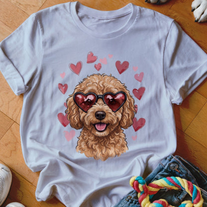 A white t-shirt featuring a graphic of a fluffy brown poodle wearing heart-shaped sunglasses, surrounded by pink hearts.