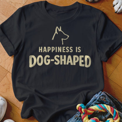 Black t-shirt with "Happiness is Dog-Shaped" text and dog silhouette.