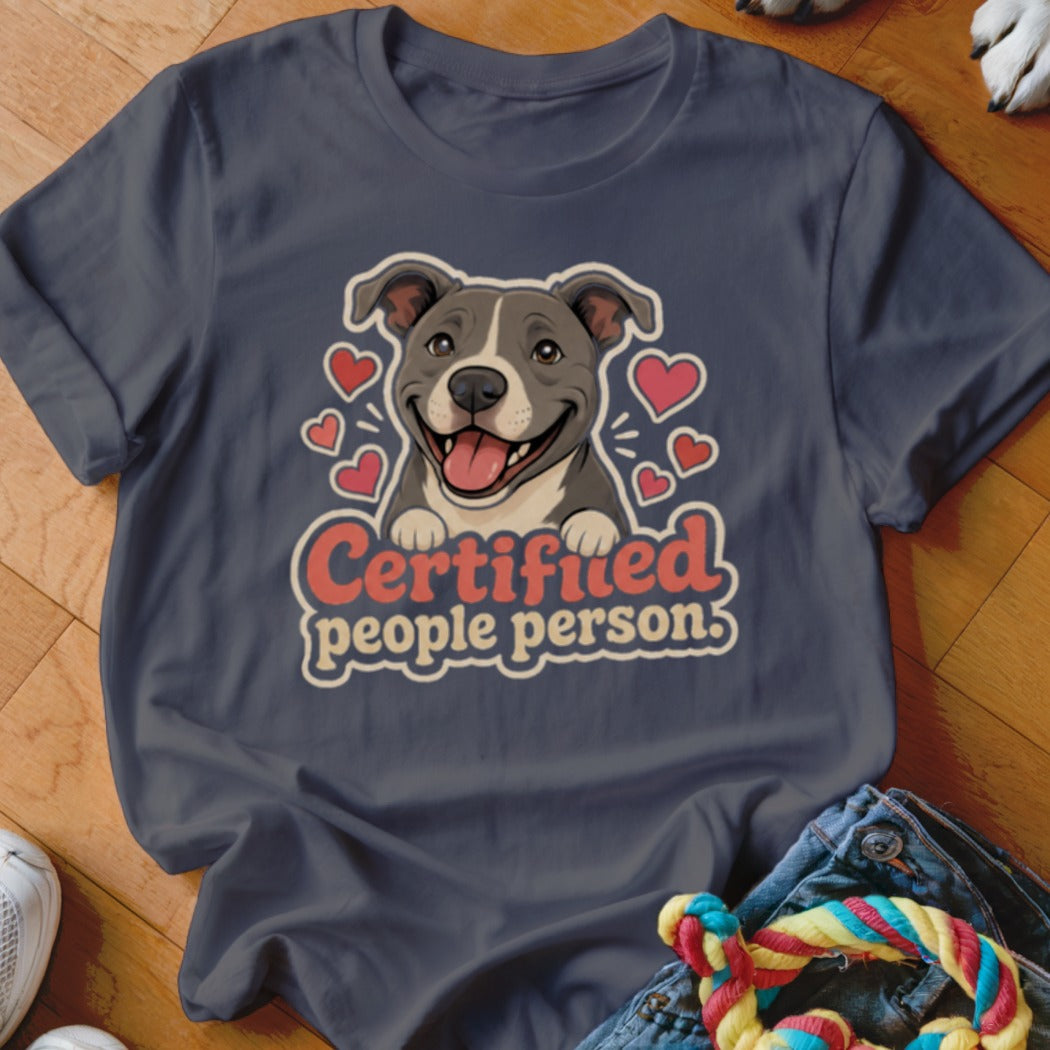 T-shirt with a smiling pit bull and the text "Certified people person".