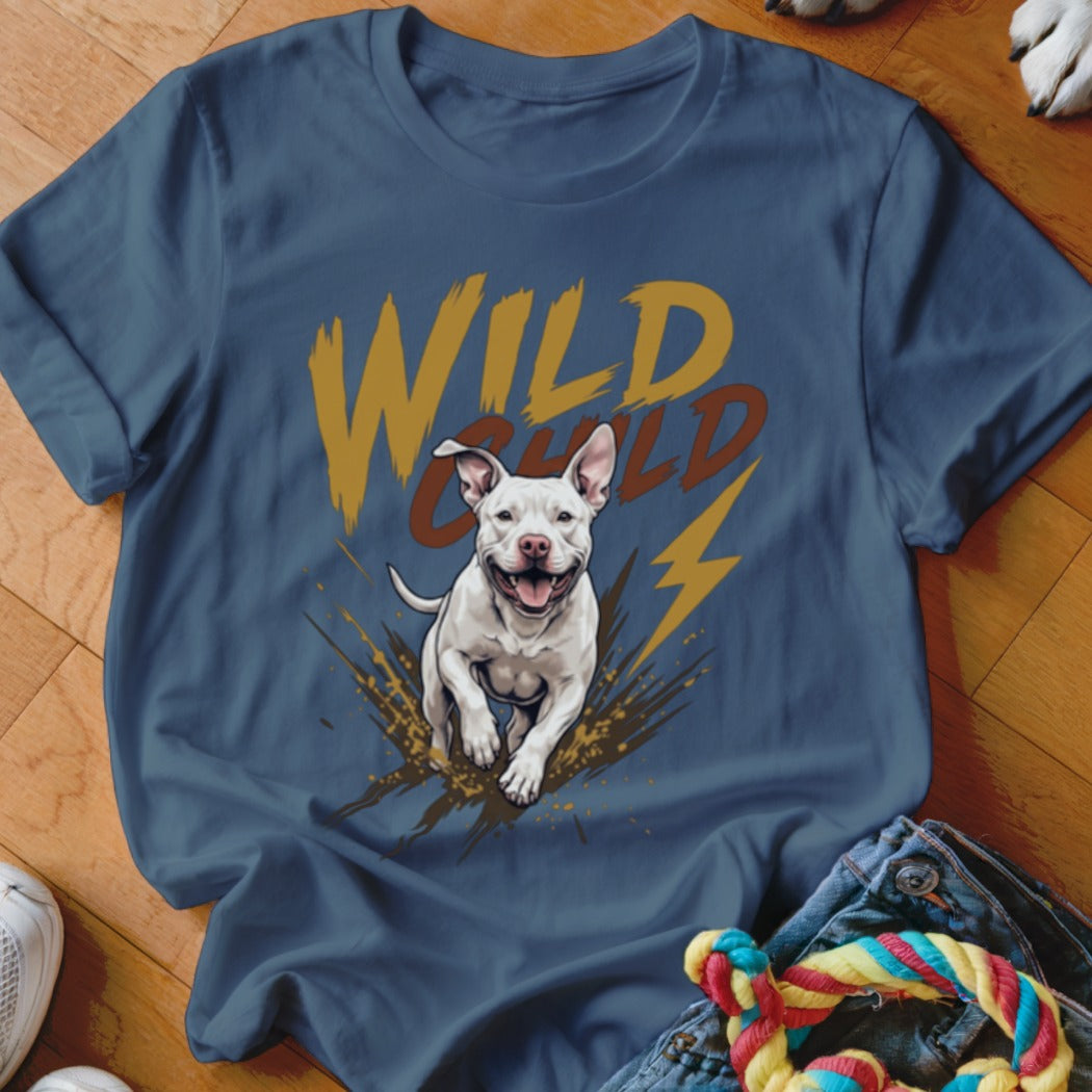 A blue t-shirt features a graphic of a white dog running through mud with the text "Wild Child."