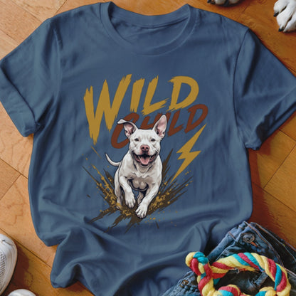 A blue t-shirt features a graphic of a white dog running through mud with the text "Wild Child."