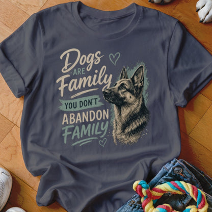 German Shepherd graphic on navy t-shirt with text "Dogs are Family You Don't Abandon Family."
