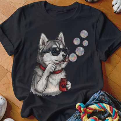 A black t-shirt features a graphic of a husky wearing sunglasses and blowing bubbles.