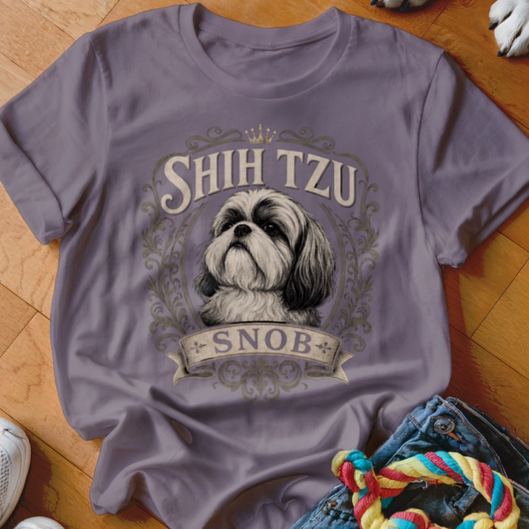 Shih Tzu Snob graphic on a purple t-shirt with a regal dog portrait.