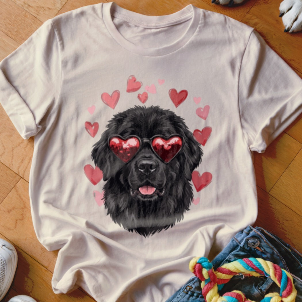 A cream t-shirt features a graphic of a black dog wearing heart-shaped sunglasses, surrounded by pink and red hearts.