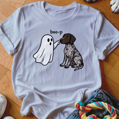 White t-shirt with cartoon ghost booping a dog, text "boo-p".