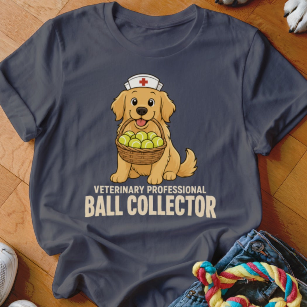 Golden retriever wearing a nurse's cap holds a basket of tennis balls, text reads "Veterinary Professional Ball Collector".