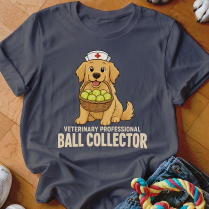 Golden retriever wearing a nurse's cap holds a basket of tennis balls, text reads "Veterinary Professional Ball Collector".