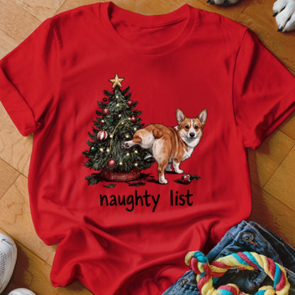 Red t-shirt with a corgi and Christmas tree design that reads "naughty list".
