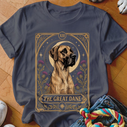 A dark gray t-shirt featuring a tarot-style graphic of a Great Dane with purple flowers and a crescent moon.