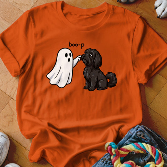 Ghost booping a black dog with "boo-p" text.