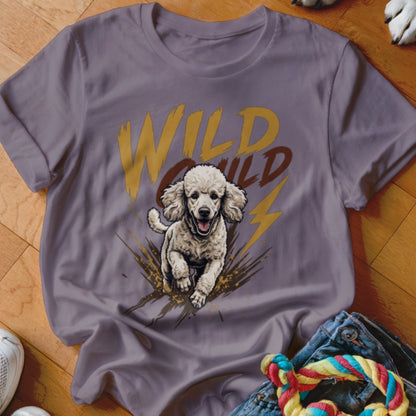 A grey t-shirt featuring a graphic of a white poodle running and the text "Wild Child".