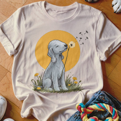 A light beige t-shirt featuring a cartoon illustration of a grey dog blowing a dandelion.