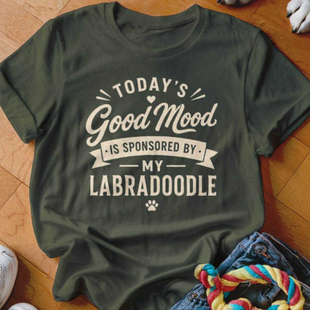 Green t-shirt with "Today's Good Mood Is Sponsored By My Labradoodle" text.