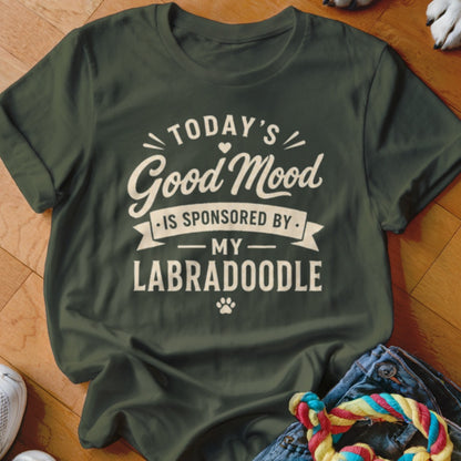 Green t-shirt with "Today's Good Mood Is Sponsored By My Labradoodle" text.