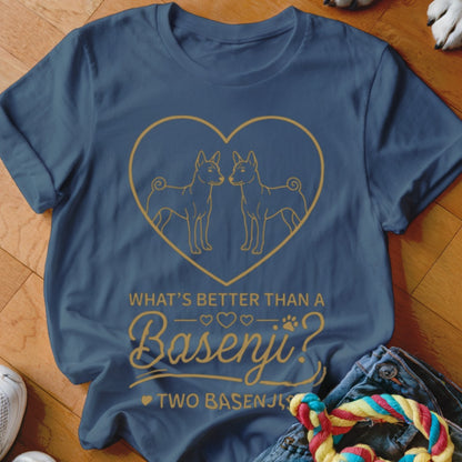 Blue t-shirt with heart graphic, two Basenjis, and text "What's Better Than A Basenji? Two Basenjis".