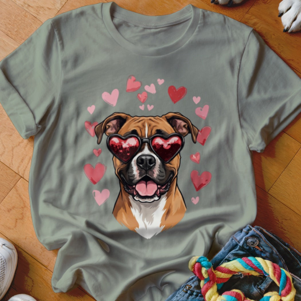 Gray crewneck t-shirt featuring a graphic of a boxer dog wearing heart-shaped sunglasses surrounded by floating pink hearts.