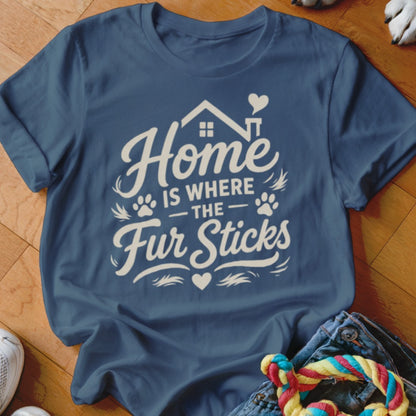 Dark blue t-shirt with "Home Is Where The Fur Sticks" graphic and heart accent.