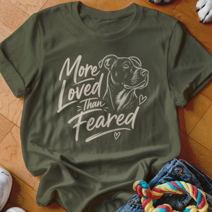Olive green t-shirt with a pit bull drawing and text "More Loved Than Feared."